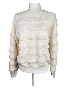 Threaded Leaf Cream Sherpa Striped Crew Neck Minimalist Soft Knit Sweater Sz L